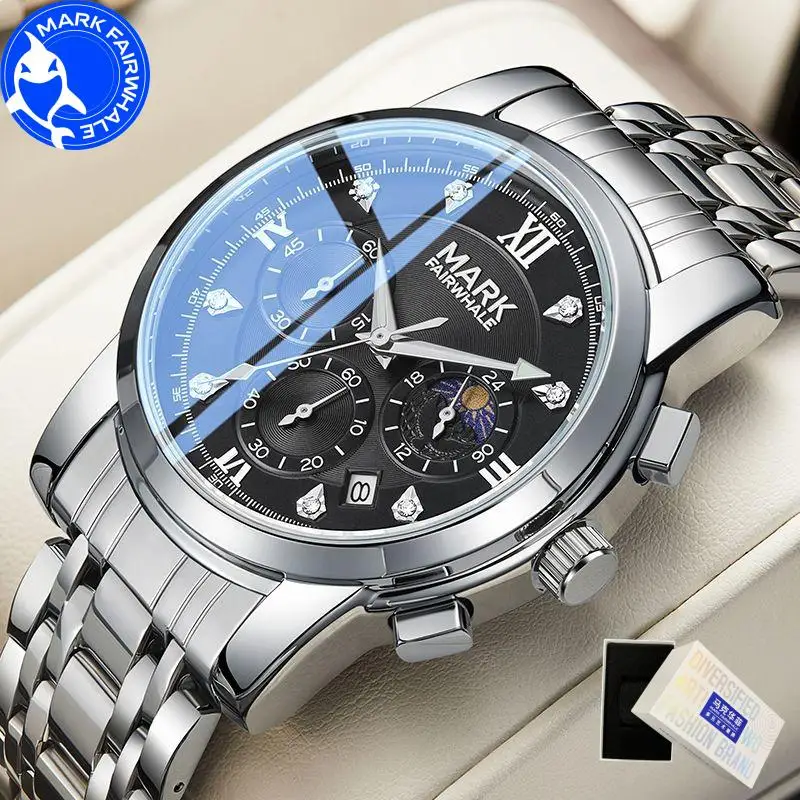 

Часы MARK FAIRWHALE для мужчин 5180, деловые кварцевые наручные часы с календарем, водонепроницаемые мужские часы из нержавеющей стали с фазой Луны, подарочная коробка