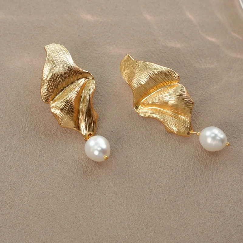 Litheline 24K Gold Plated Brass Draped Leaf Earrings, Hand-Textured Baroque Pearl Designer Piece Artisanal Luxury Jewelry view 5