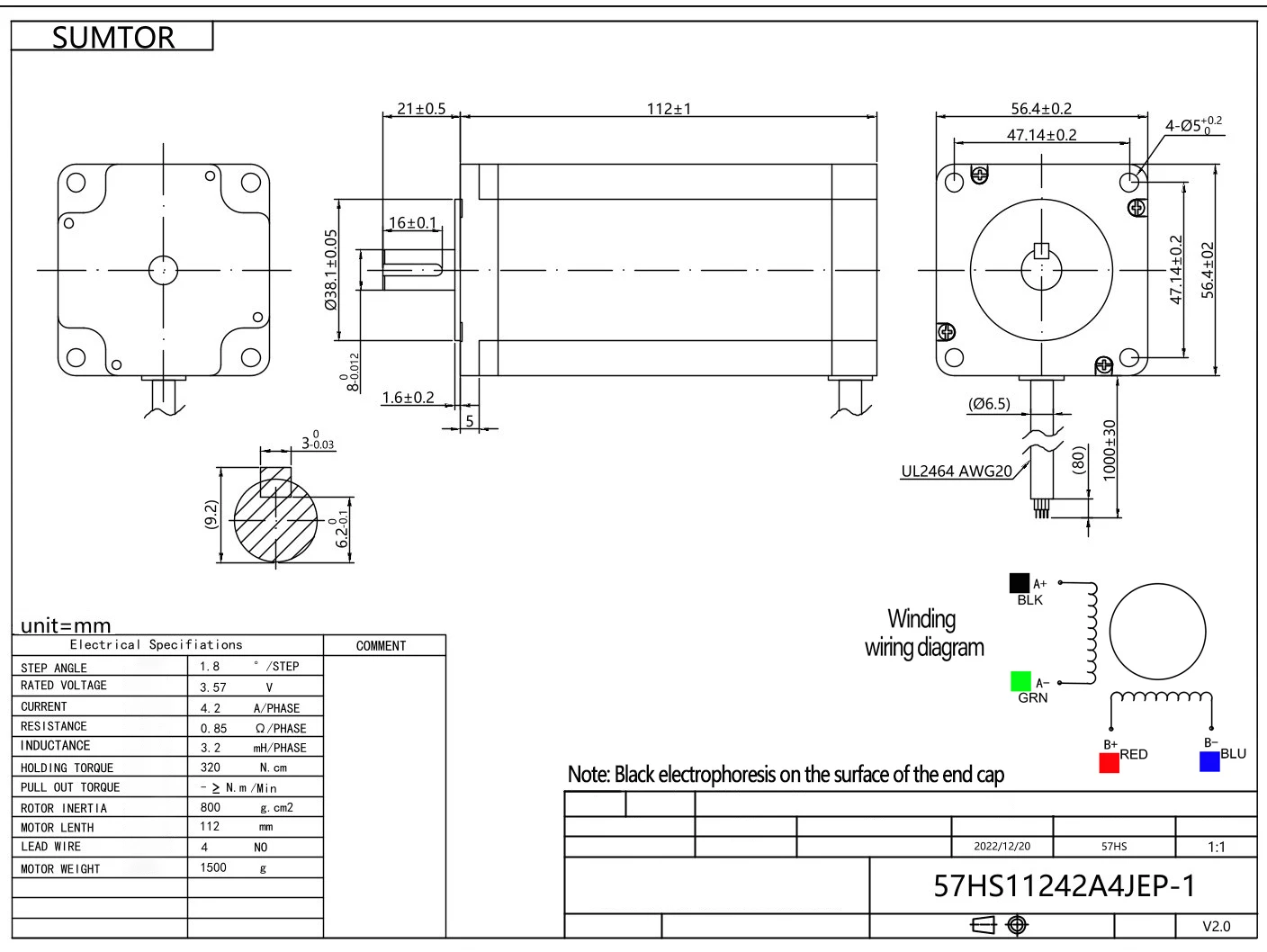 NEMA23 محرك متدرج 4-سلك 3.2N.m طول الجسم 112 مللي متر 4.2A قطر العمود 8 مللي متر مع مفتاح رمح واحد زاوية الخطوة 1.8 °