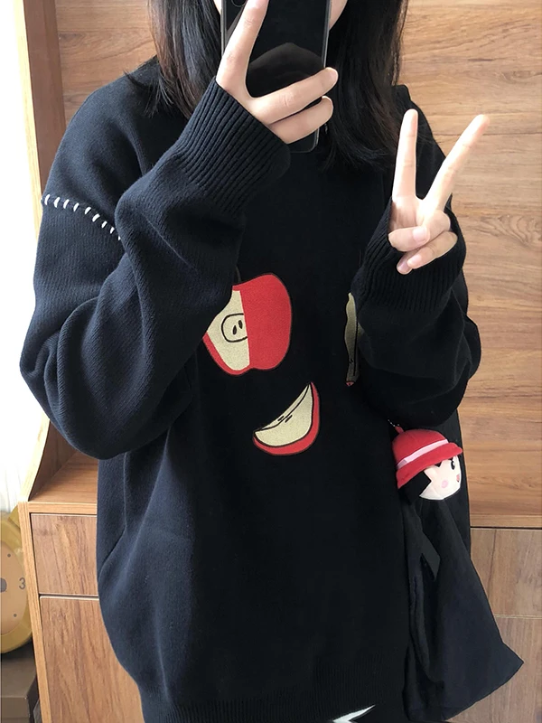 Retro American round Ne Sweater Women's Loose Lazy Sle Bla Overhead Fun Top Thiened Polyester Fiber Long Sve