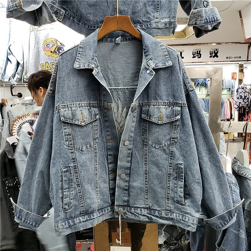 가을 패션 자수 크레인 데님 자켓 코트 여성 느슨한 학생 겉옷 블랙 블루 청바지 자켓 여성 Chaquetas Mujer