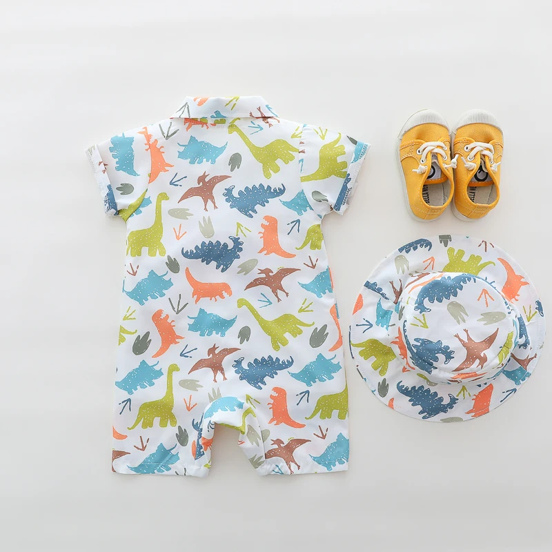 Summer cartoon dinosaur pattern full-print turtleneck shirt romper for male infants, including hat