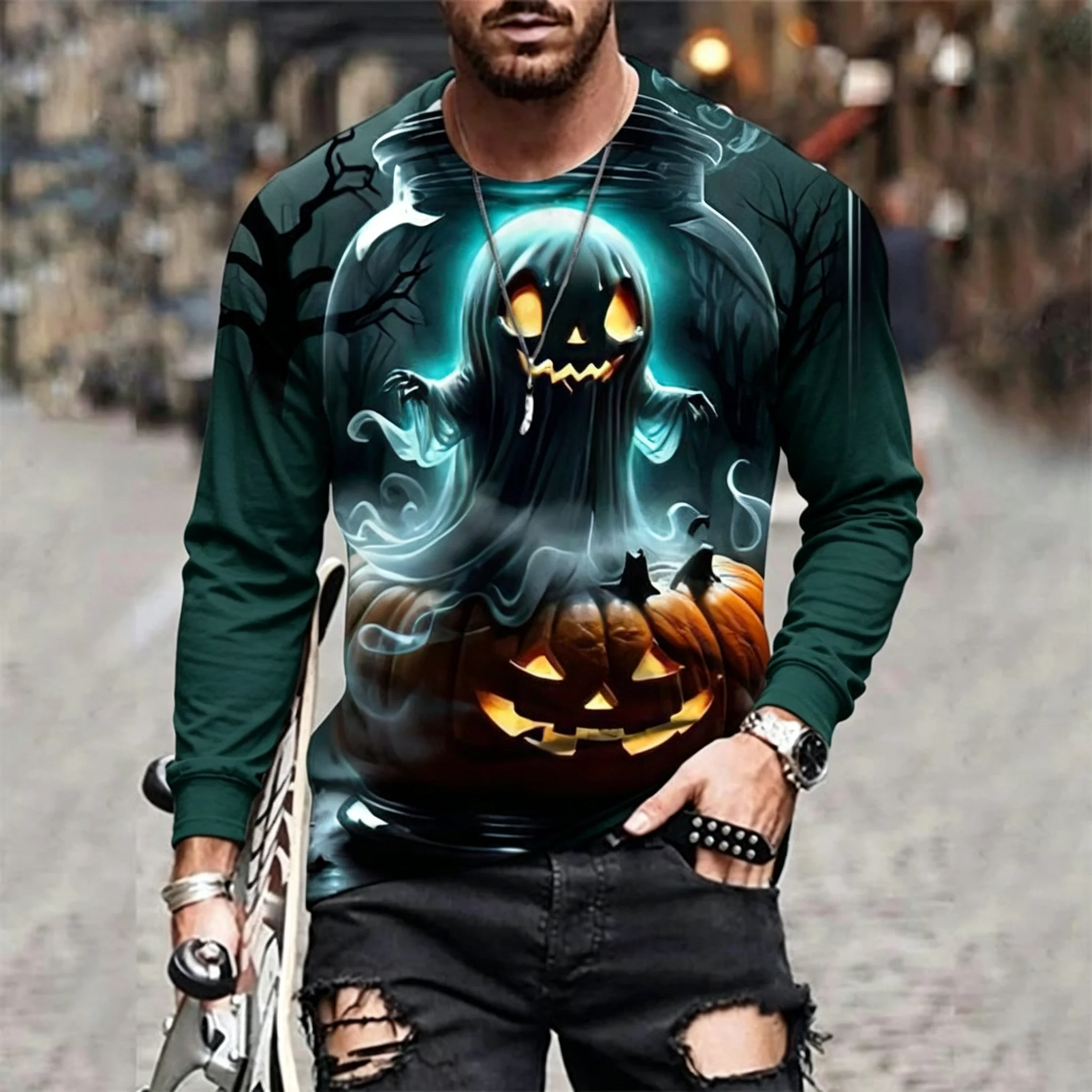 Herren Langarm-T-Shirt Halloween Vogelscheuche Skelett Geist Kürbis 3D-Druck Rundhals Casual Streetwear Oberteil – Detail 5