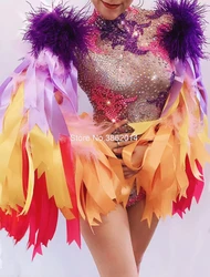 New in Colorful Ribbon Jumpsuit Purple Feather Shining Rhinestones Ladies Bodysuit Prom Club Stage Performance Dress