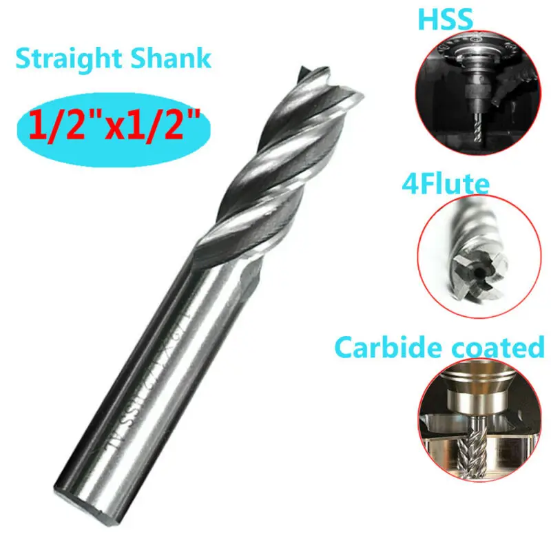 HSS High Speed Steel Straight Shank 4 Flute Spiral End Mill Cutter Drill Bit 12'' for Hardness of Metal above 30 Degrees