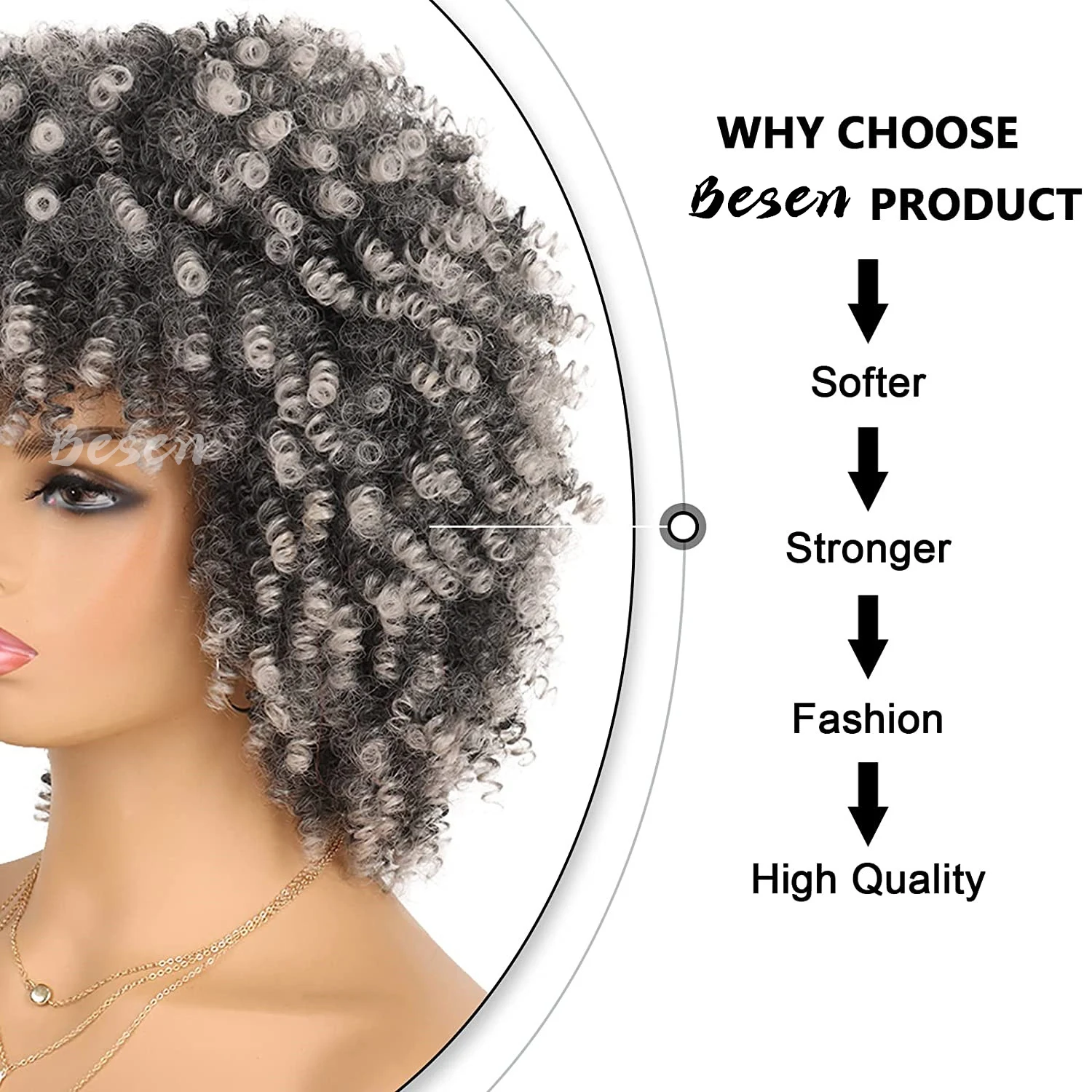 Syntetyczne peruki kręcone dla kobiet Ombre Grey Afro Bomb Curly Wig z grzywką Syntetyczne włókno Krótka peruka kręcona Codzienne użytkowanie na