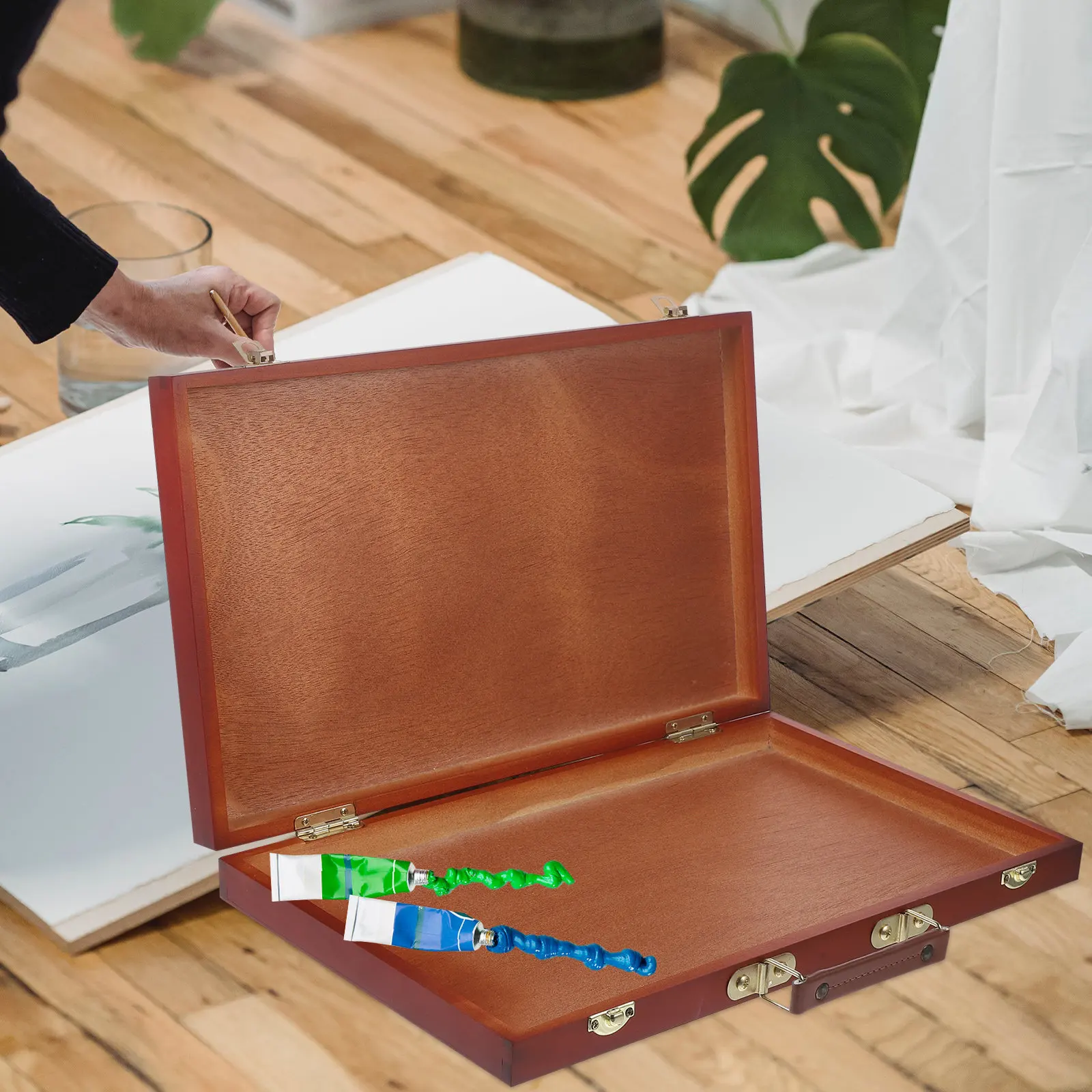 

Wooden Painting Box Compact Size European Style Portable Drawing Tool Case for Artists Students Pigment Storage Box