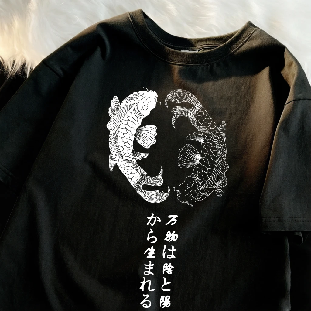 

Японские футболки Harajuku Koi Art Letter в стиле ретро для мужчин, повседневные хлопковые футболки с круглым вырезом, свободные унисекс футболки с коротким рукавом, летняя спортивная одежда