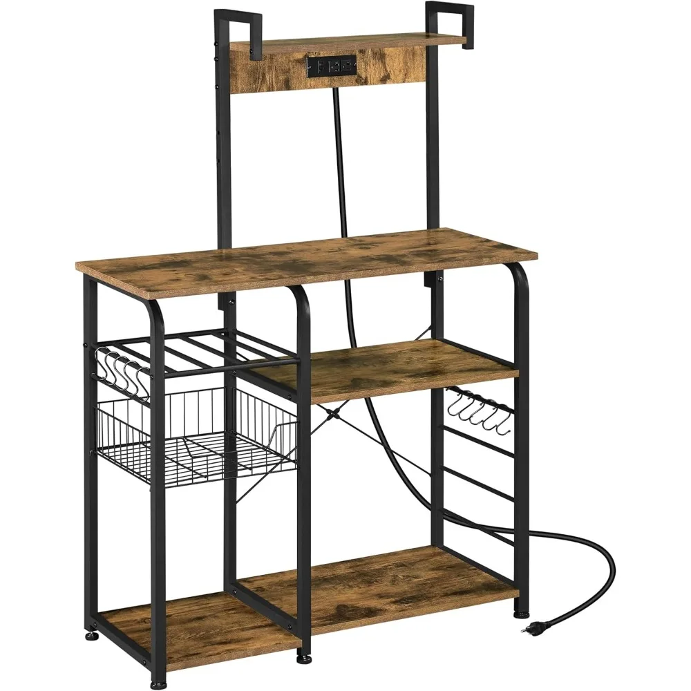 

Kitchen Bakers Rack with Power Outlet, Coffee Bar Microwave Stand with Wire Basket and Wine Rack & 10 S-Hooks, Kitchen