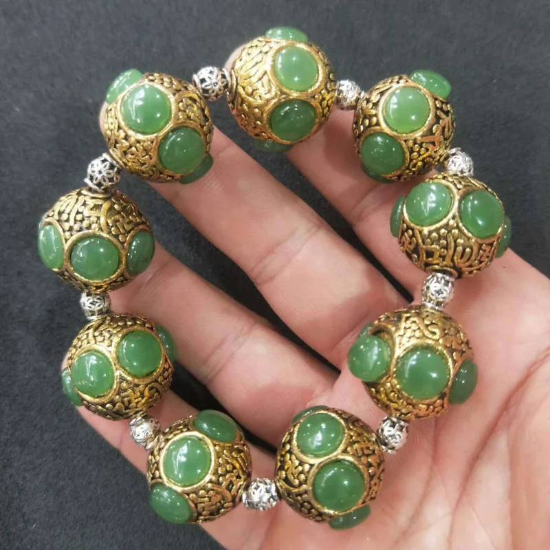 

Manufacturer Wholesale Tibetan Silver Inlaid Jade Bracelet diyBeaded Bracelet Wholesale