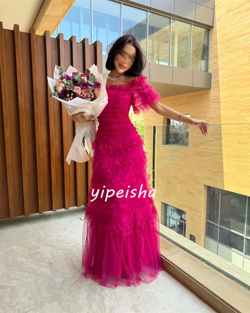 Retro Tulle Tiered Ruched A-line Off-the-shoulder Midi Dresses Celebrity Dresses Fashion Elegant Exquisite High Quality Sexy