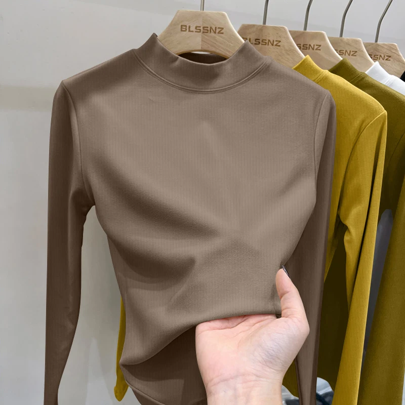 

Slimming Long Sve Mid-Ne Teaded Design Women's T-irt Spring Autumn Thin Sle Faionable Large Size Comfortable Fit