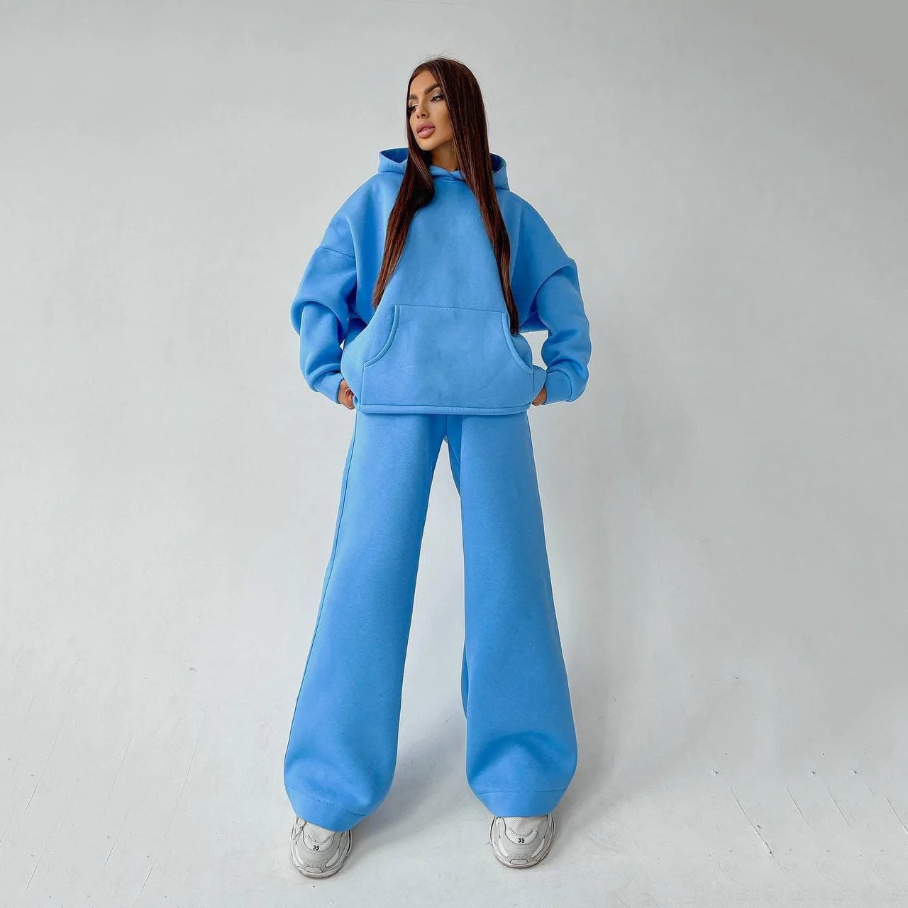 

Casual Sports Suit Loose Long Sleeve Pocket Hoodie Elastic Waist Wide Leg Pants Two Piece Autumn Fashion New Women Clothing