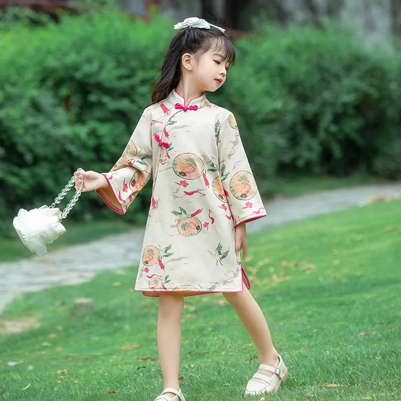 Baby Girl Spring Autumn Qipao Chinese-Style Flower Print Tang Costume 1-10 Yrs Loose Sleeves Embroidered Dress Birthday Gift