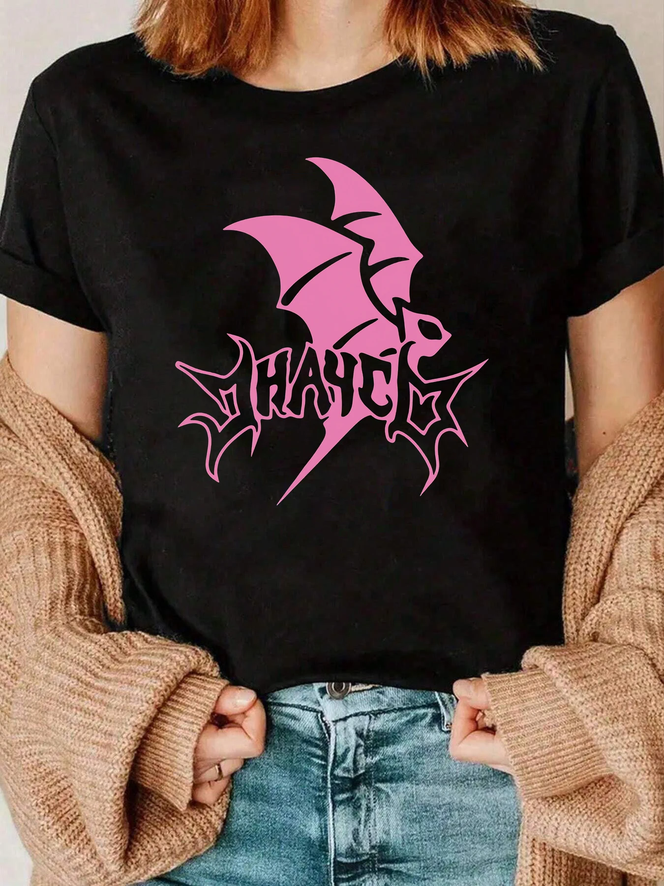 핑크 배트 앤 차벨로 그래픽 프린트 티셔츠 여성용 캐주얼웨어 220g