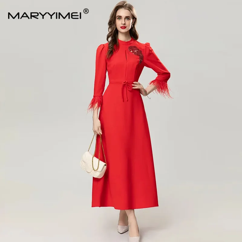 MARYYIMEI Fashion Women\'s New Vintage Three Quarter Sleeved Feather Fringed Beaded Sequin Lace-Up Office Lady Elegant MIDI Dress