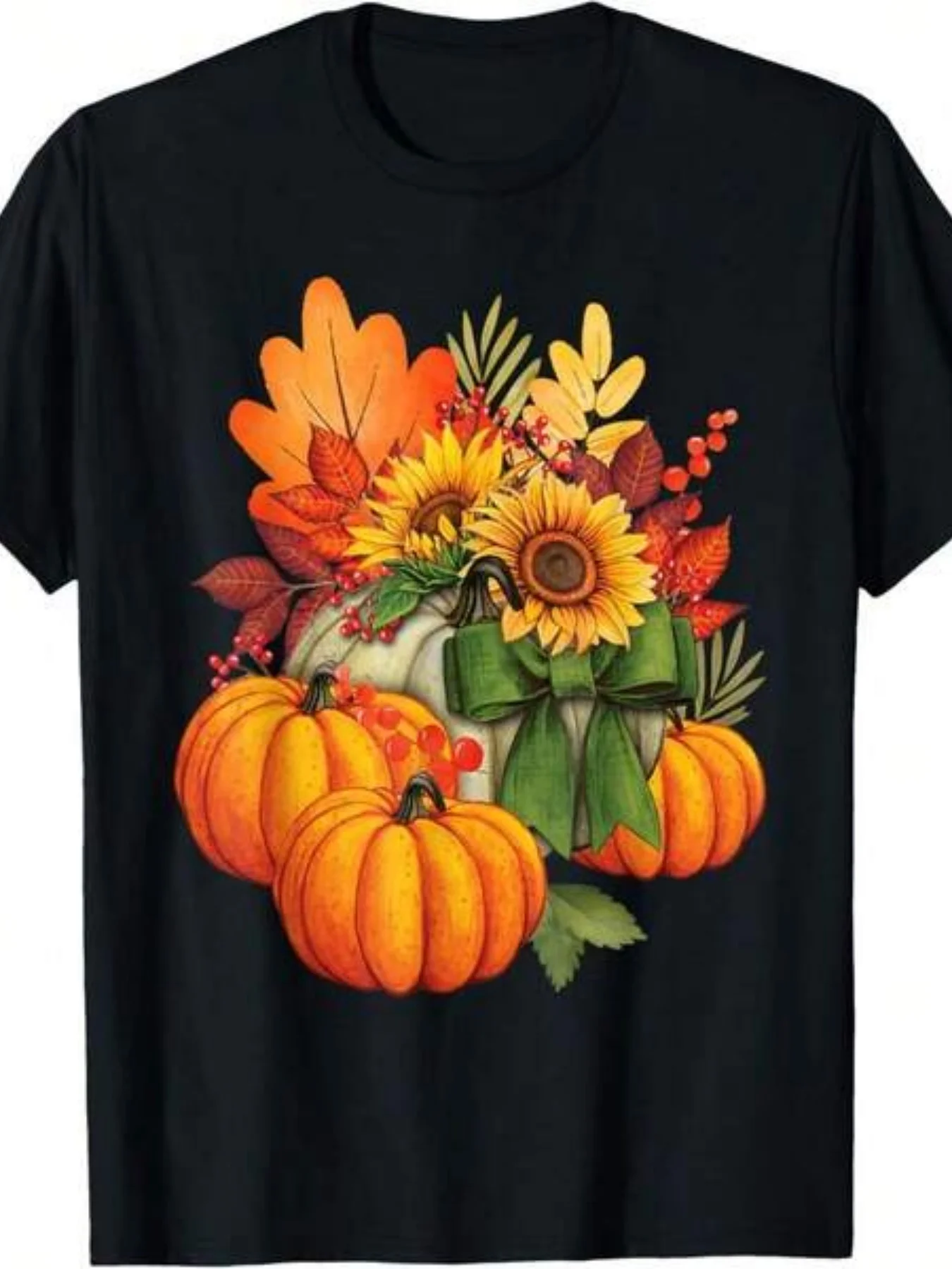1pc Pumpkin Sunflower Autumn T-Shirt | Round Neck, Casual All-Season Wear, Perfect for Parties, Beach & Sports, Crew Neck, Short Sleeve, Slight Stretch Fabric, Plus Size