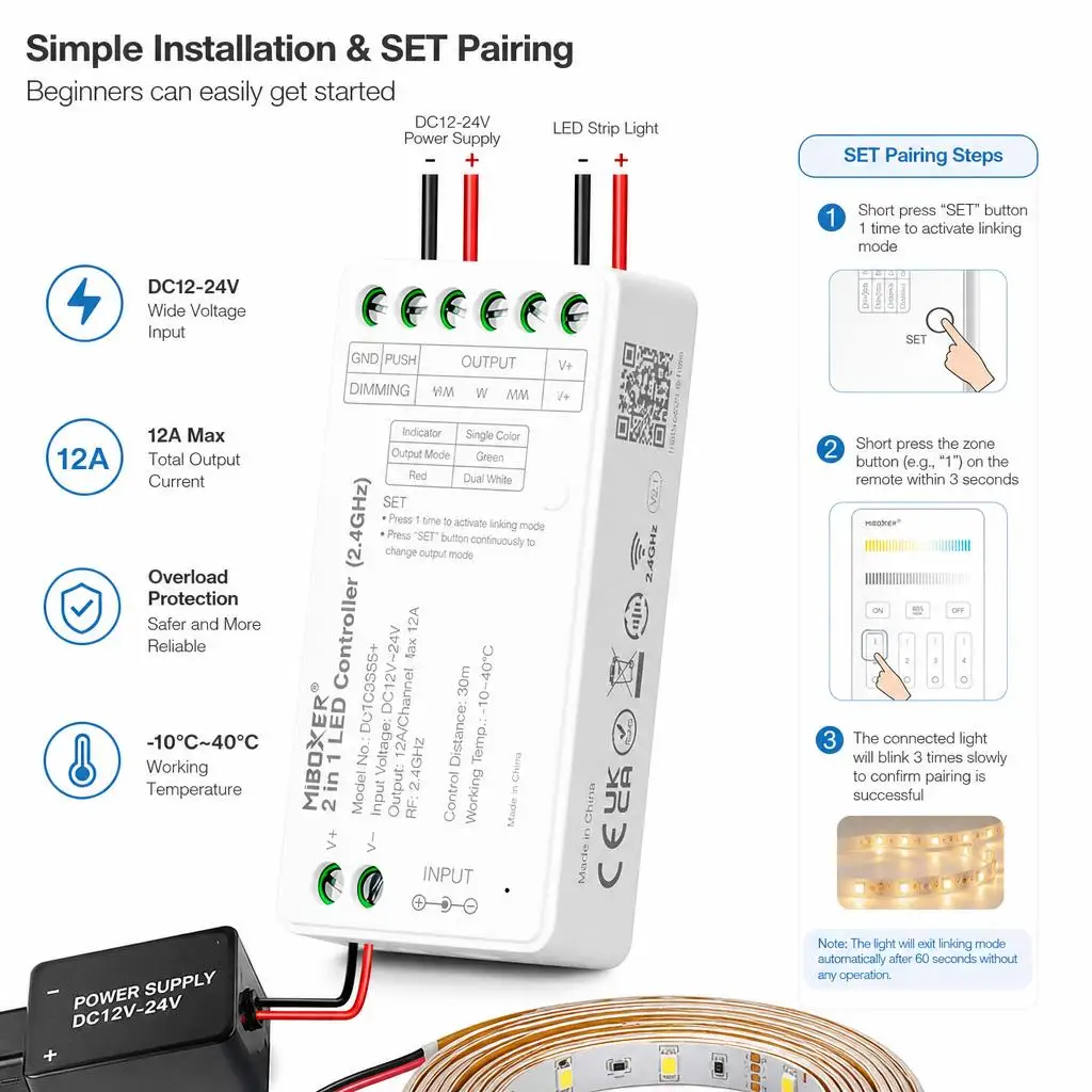 MiBoxer B1 B2 U1 U2 FUT035S+ DC12-24V 2.4GHzRF 2in1 Dual White Single Colour COB Smart LED Strip Light Dimmer Controller