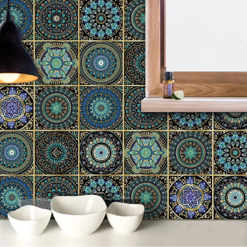 

Wall Decoration 10 Pieces of Mandala Tiles Self-Adhesive Wall Stickers Waterproof and Oil-Proof Kitchen Living Room European Cry