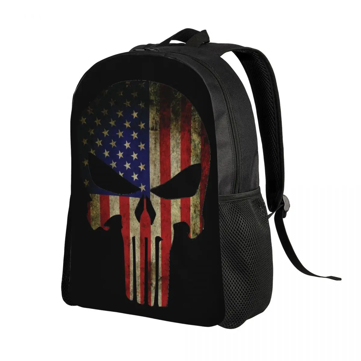 Custom Skull Punisher Laptop Backpack Men Women Fashion Bookbag for College School Students United States Flag Bag