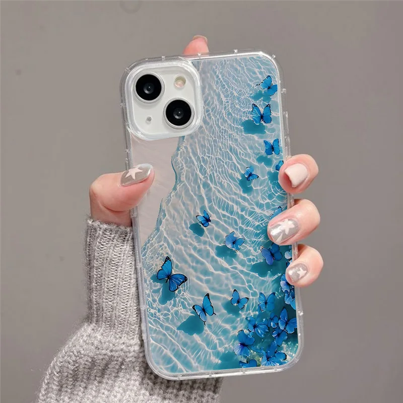 Blue Butterfly Ocean Waves Aesthetic Clear Phone Case Cover for iPhone 11 12 13 14 Pro Max Xs XR Max Gift for Girls Women