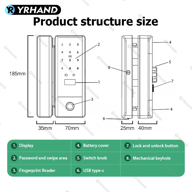 YRHAND Smart Lock for Glass Door Biometric Fingerprint Lock TTlock Tuya Wifi Electronic Lock Digital Keyless for Sliding door