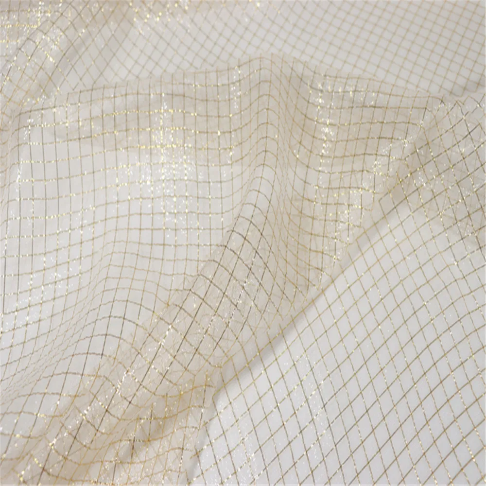 Environmental Mulberry Natural Silk Metallic Fabric Peace Somali 90CM Gold Grid White for Women Saree Panrs Dress Summer Queen