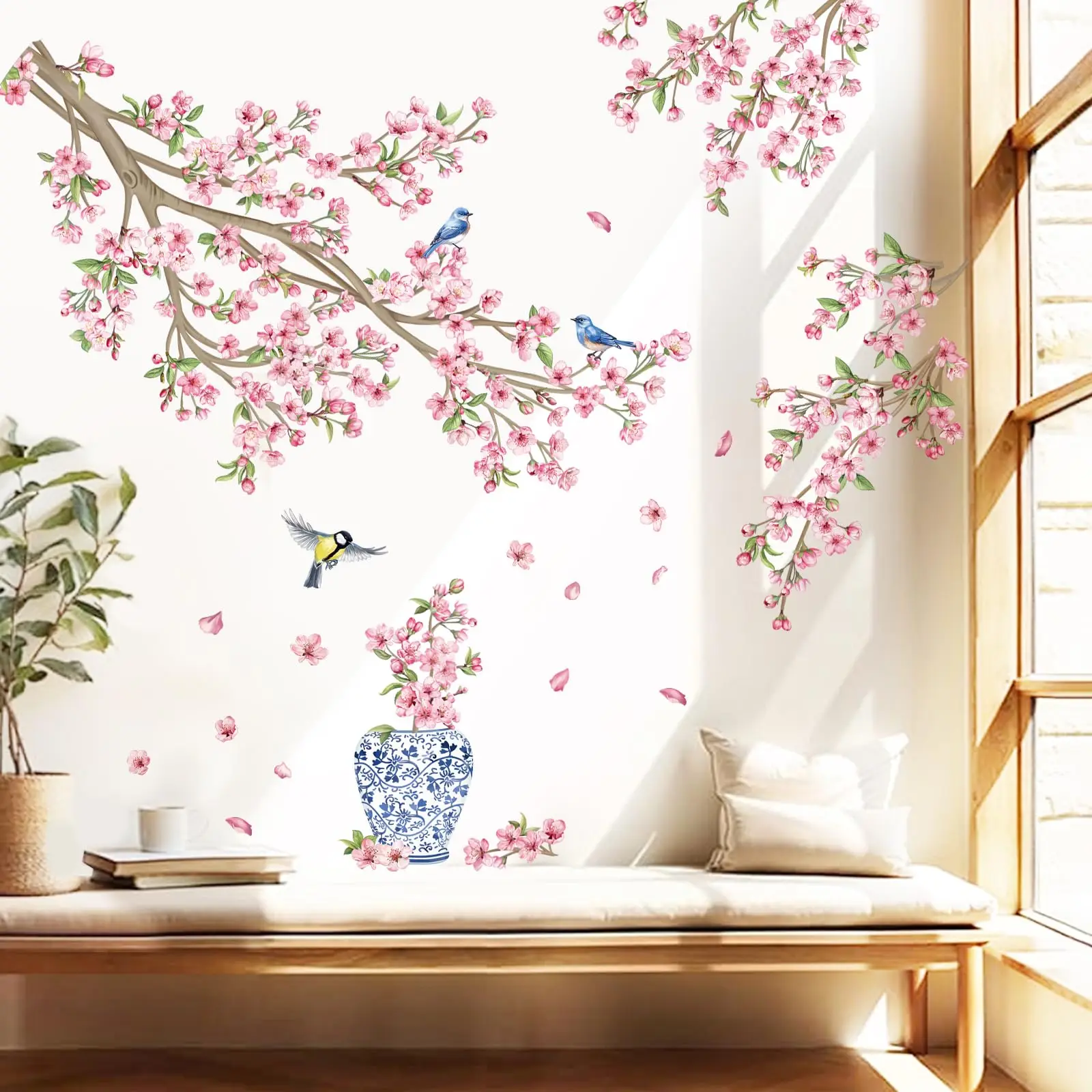 Pink Cherry Blossom Flower Tree Wall Stickers Hanging Floral Tree Branch Birds Wall Decals Living Room Bedroom Tv Background