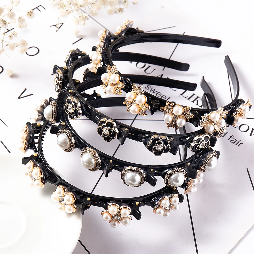 Pearl Flower Hairband Rhinestone Headband Women Hair Band Claw Hoop Double Layer Bangs Hairstyle Bezel Hairpin Hair Accessories