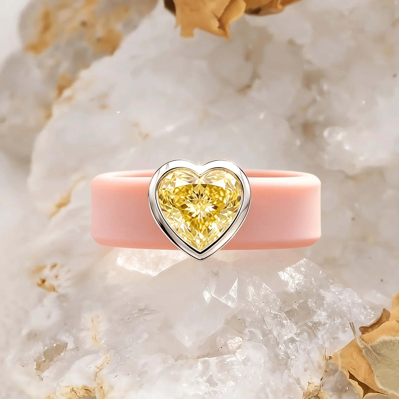 1pc 14K Golden Plated khaki Skin-safe Silicone  Ring, Yellow Heart-shaped CZ Ring,Stylish Jewelry for Everyday
