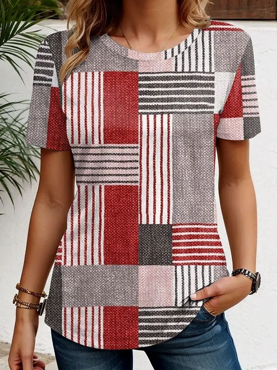 Patchwork T-Shirts Stripe 3D Print Summer Women's Short Sleeve Round Neck T Shirt Harajuku Y2K Casual Tees Tops Female Clothing