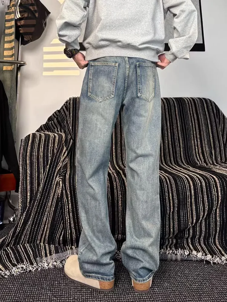 

Синие парижские джинсы в стиле ретро, облегающие джинсы, мужские прямые брюки-клеш, длинные зимние джинсы в американском стиле High Street Sle