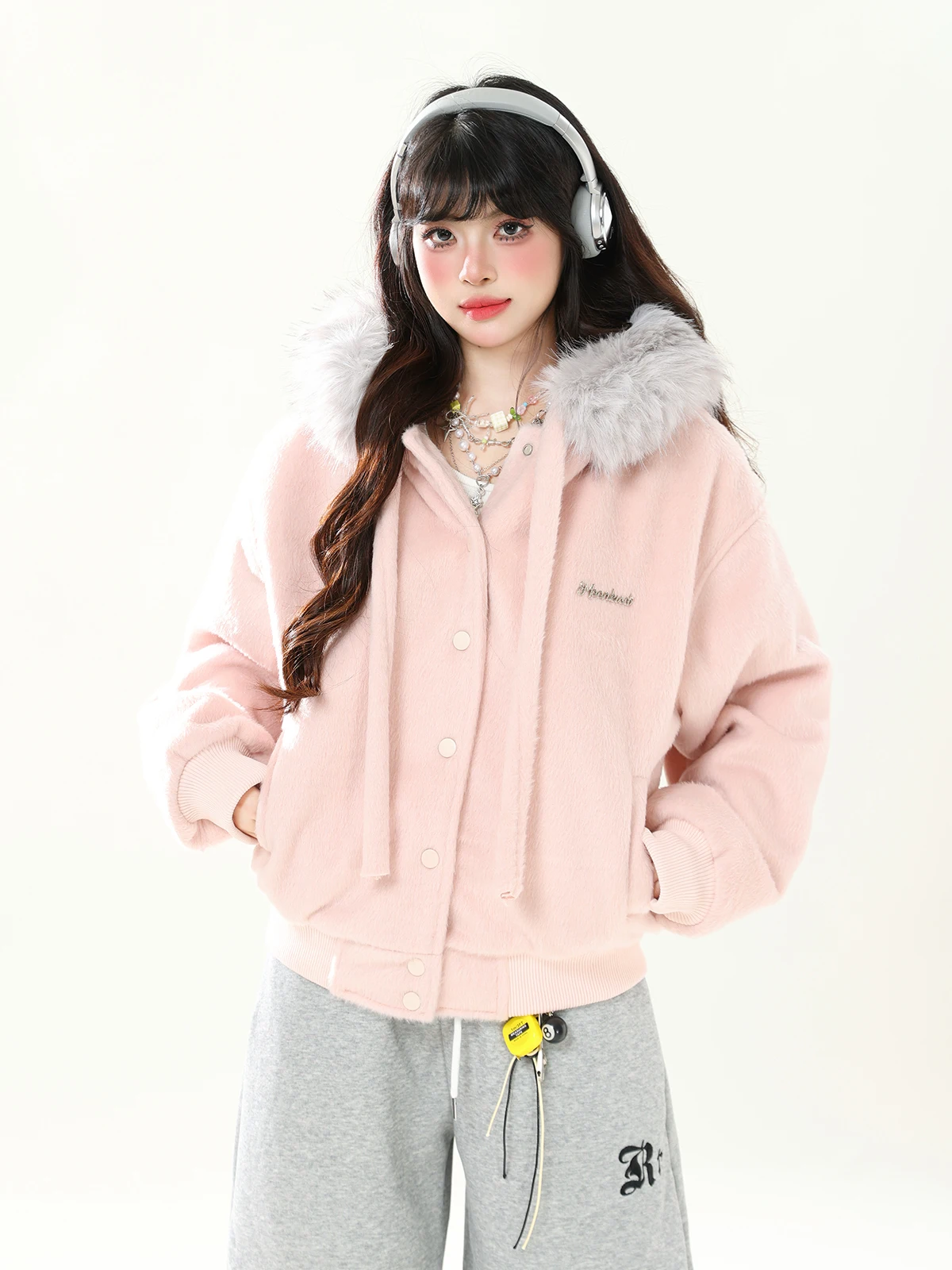 

ENJOG Sweet Bow-Tied Large Fur Collar Hooded Cotton Jaet Women's Winter Loose Versatile Warm Woolen Coat ort Size