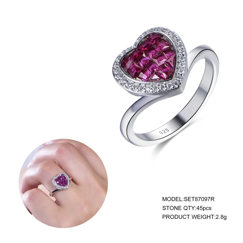 925 Sterling Silver Invisible Ruby Heart Shape Ring for Couple Gift