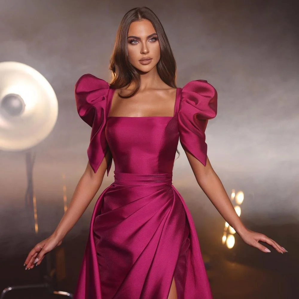 Cathy Rose Red Puff Sleeve Square Collar Wedding Dresses Side Slit Satin vestidos de noche Prom Customized Formal Evening 2024