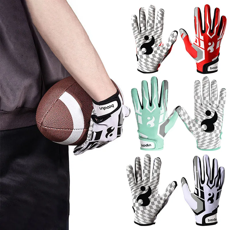 1Pair American Football Rugby Gloves Non Slip Breathable Full Finger Sports Gloves Baseball Soccer Adjustable Wristband Gloves