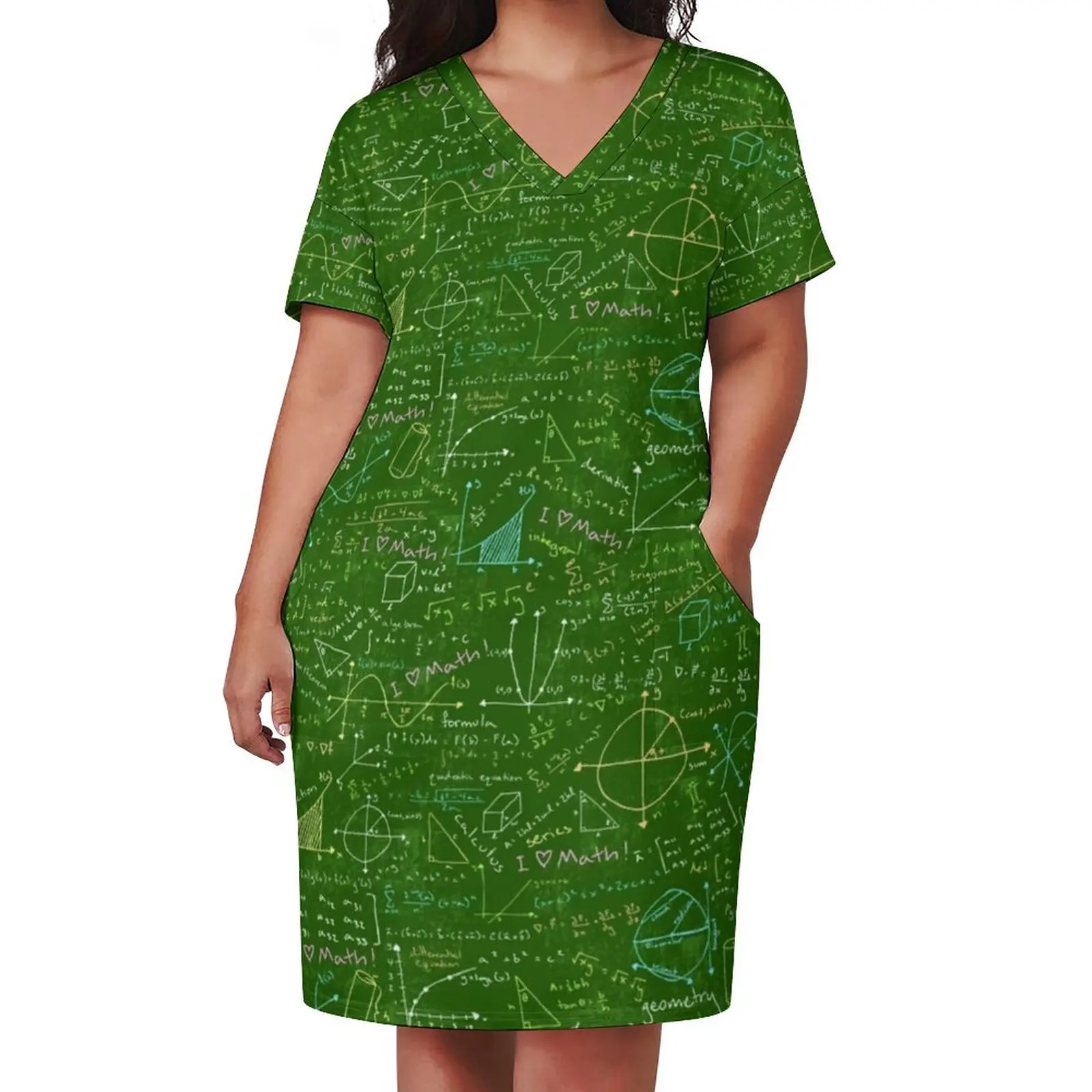 Math Lessons Print Dress V Neck Geometry Kawaii Dresses Woman Street Wear Print Casual Dress With Pockets Plus Size