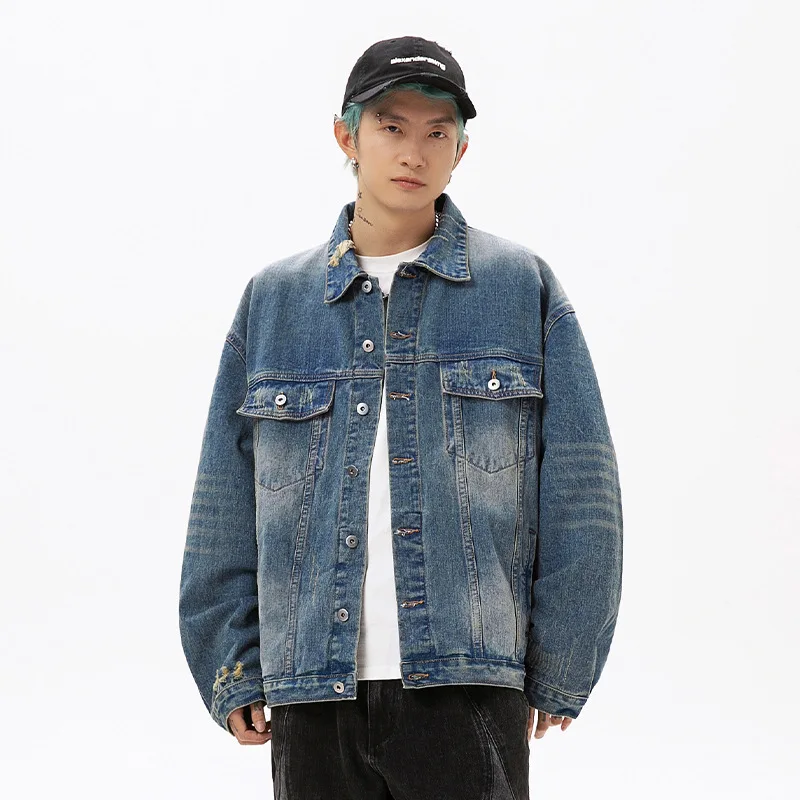 

New 2025 Ripped Denim Jackets Single Breasted Coat Long Sleeve Turn Down Collar Outerwear Pockets High Street Button Distressed