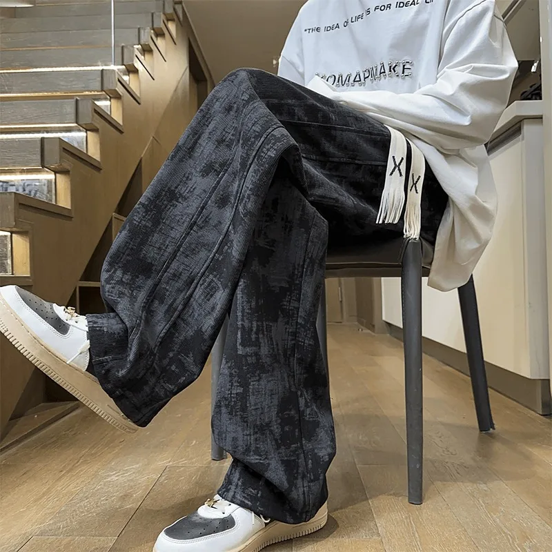 

American Style Tie Dye Casual Pants Men Spring Summer Loose Wide Leg Drawstring Sports Long Trousers Slimming Straight Cut