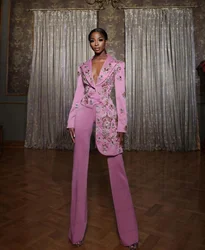 Pink Women Suits Office Set Blazer+Pants Mother of the Guest Dresses Irregular Hem Applique Beads Jacket 2 Pieces Customized