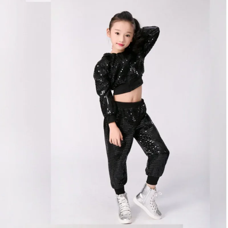 Kids Hip Hop Dance Costumes Children Girls Boys Modern Jazz Dancing Outfits Ballroom Party Sequined Dance Hoodie +Pants