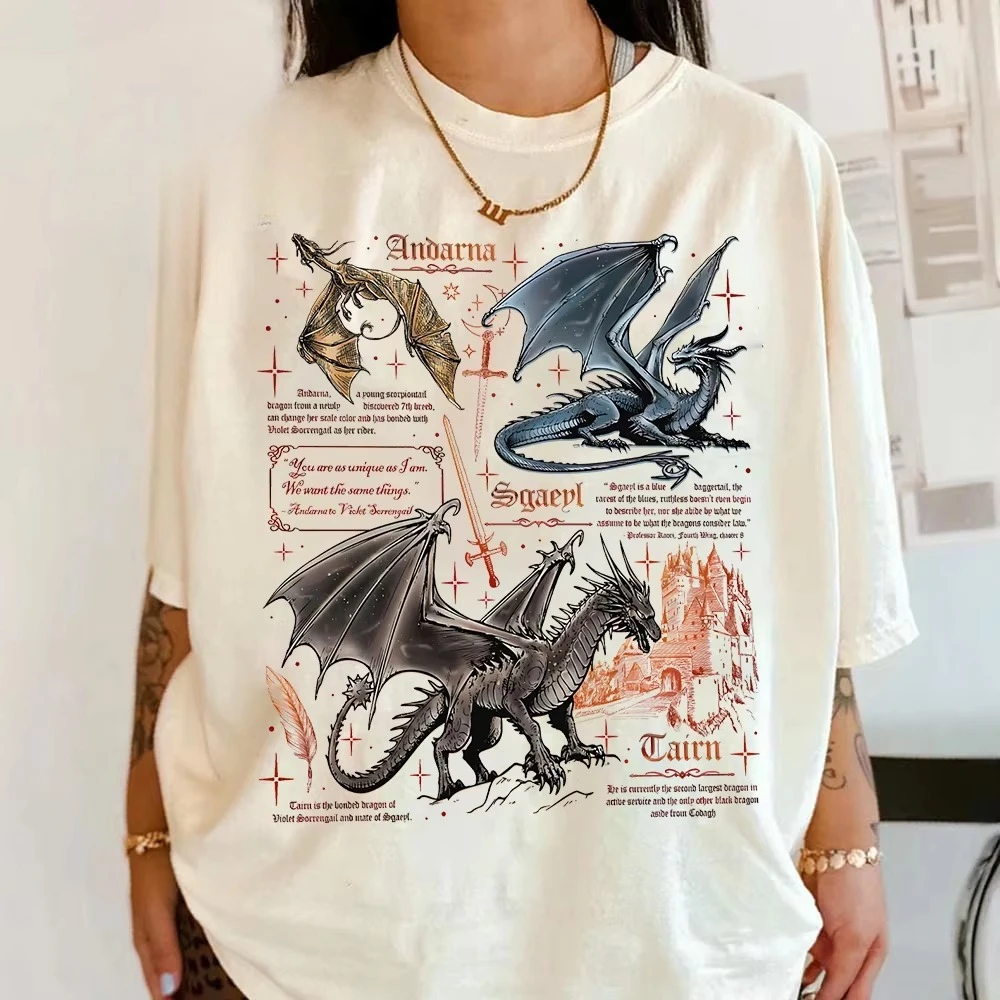 Vintage Fantasy Dragon Print T-shirt Women Medieval Castle Book Page Graphic Loose Cotton Casual Short Sleeve Tee