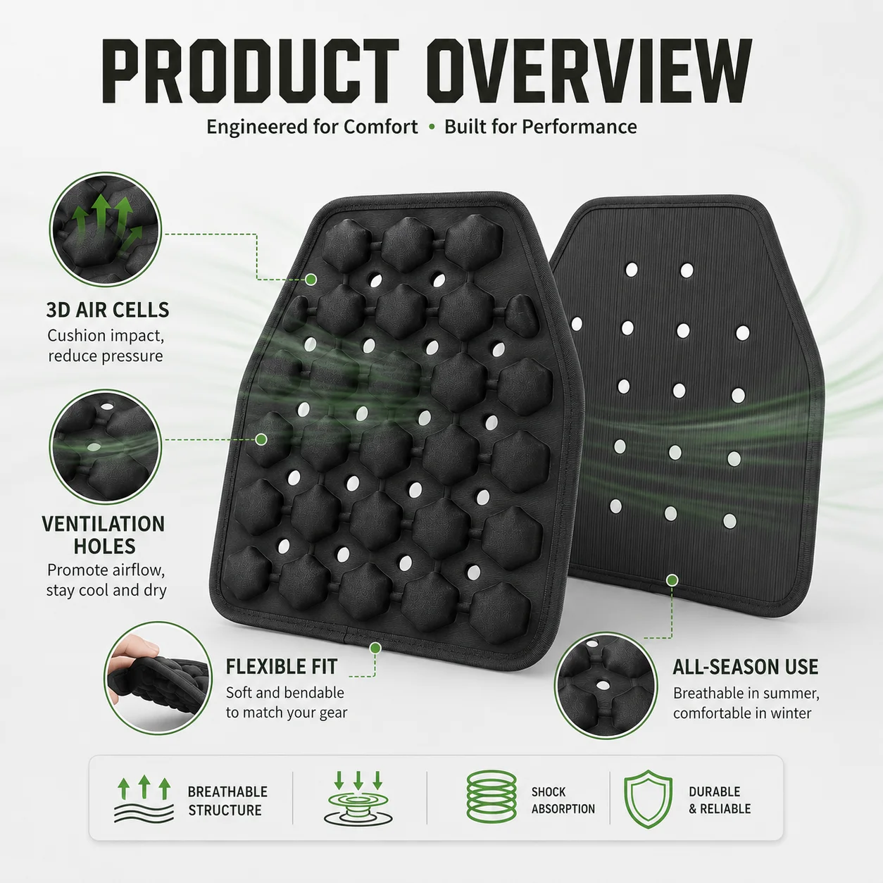 Tactical Cooling Pad 2cm Air Cushion Ventilated Insert Breathable Shock Absorbing Pad for Vest Backpack Outdoor Gear