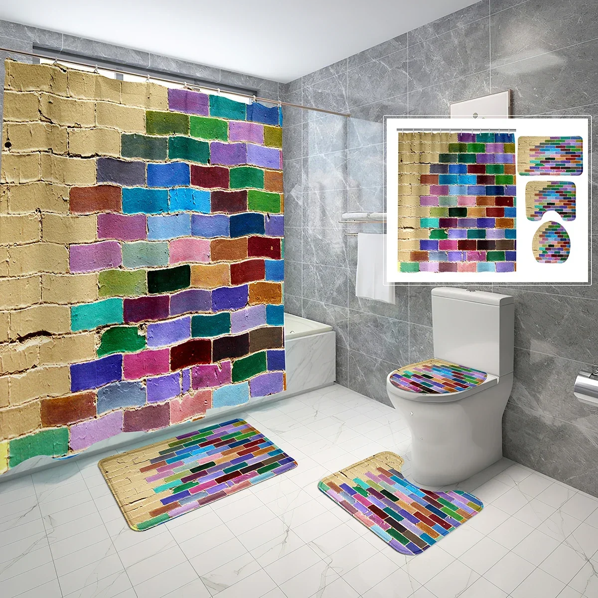 4 Pcs Bricks Wall Shower Curtain Sets Simple Style Creative Color Non-slip Bath Mat Toilet Lid Waterproof Shower Curtain Set