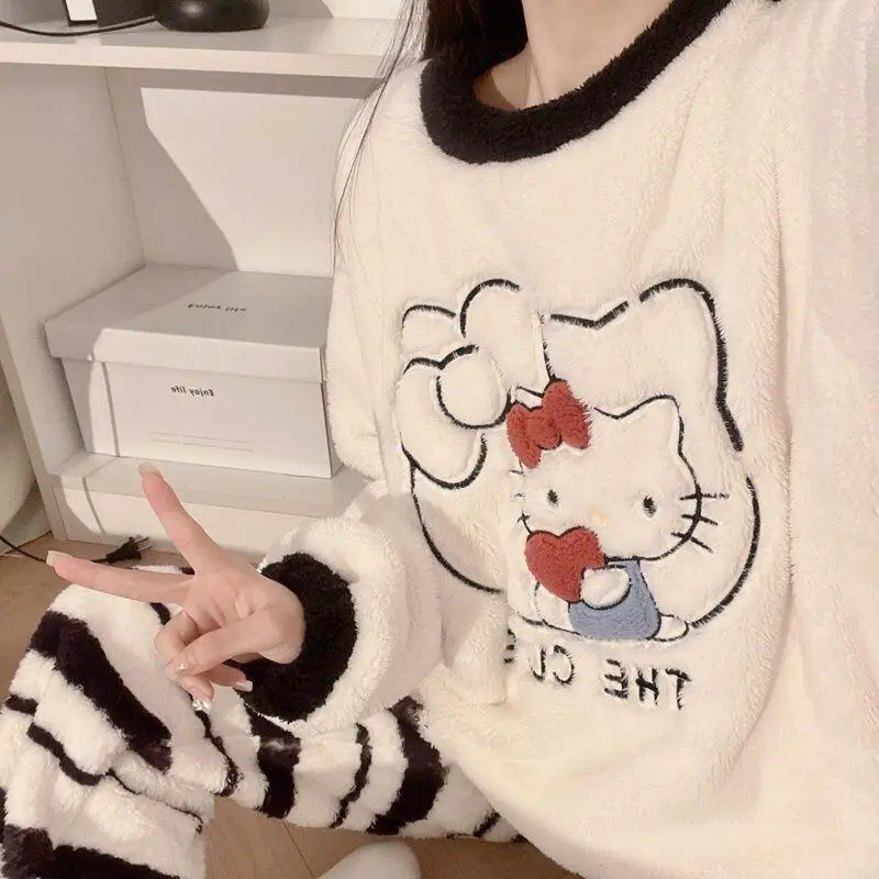 

Sanrio Hello Kitty Women's Plush Pajama Set Autumn Winter Fleece Lined Thickened Warm Home Loungewear Cute Kawaii Sleepwear