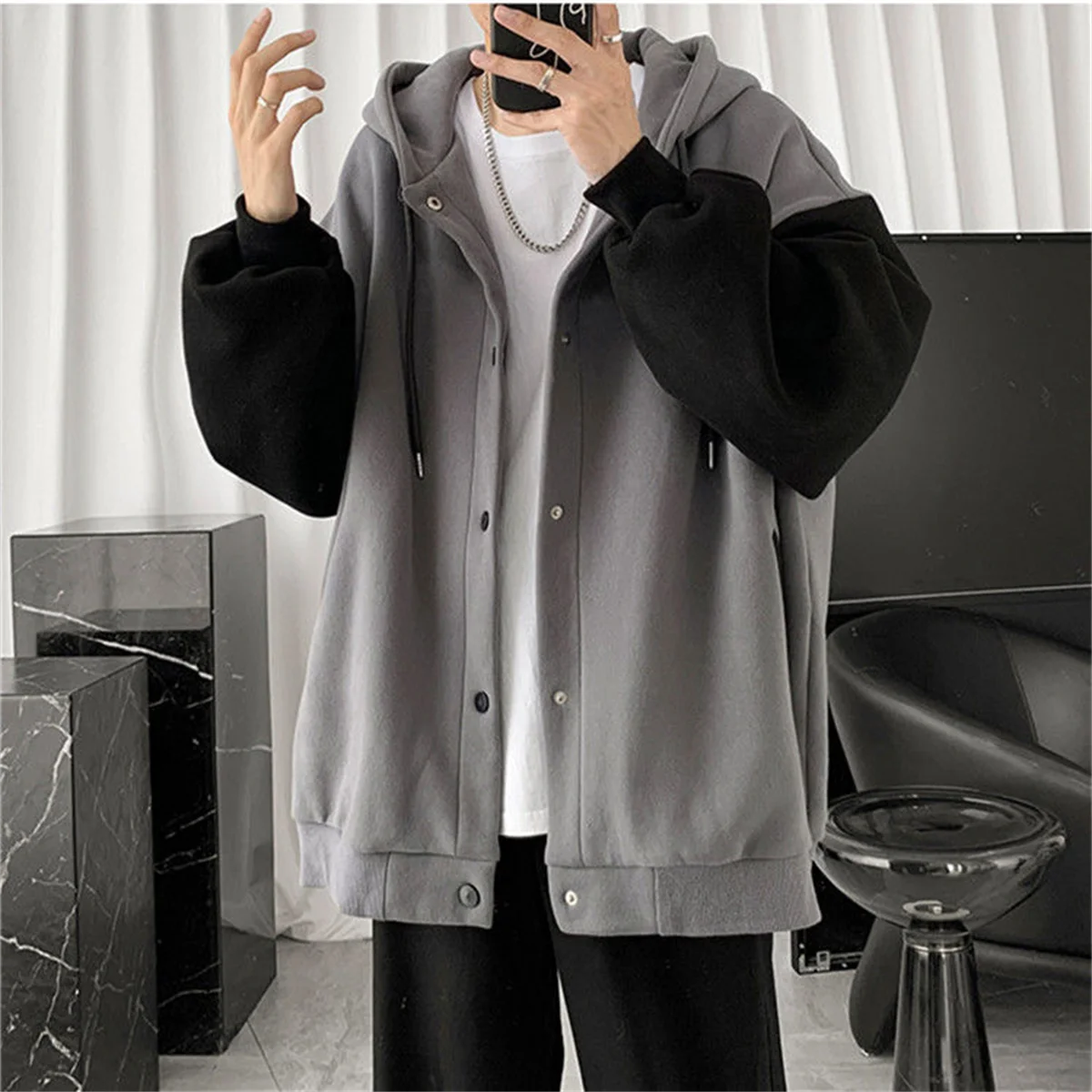 

​2025 New Spring And Autumn Male New Youthful Vitality Fashion Trends Versatile Simple Splicing Loose Hooded Jacket