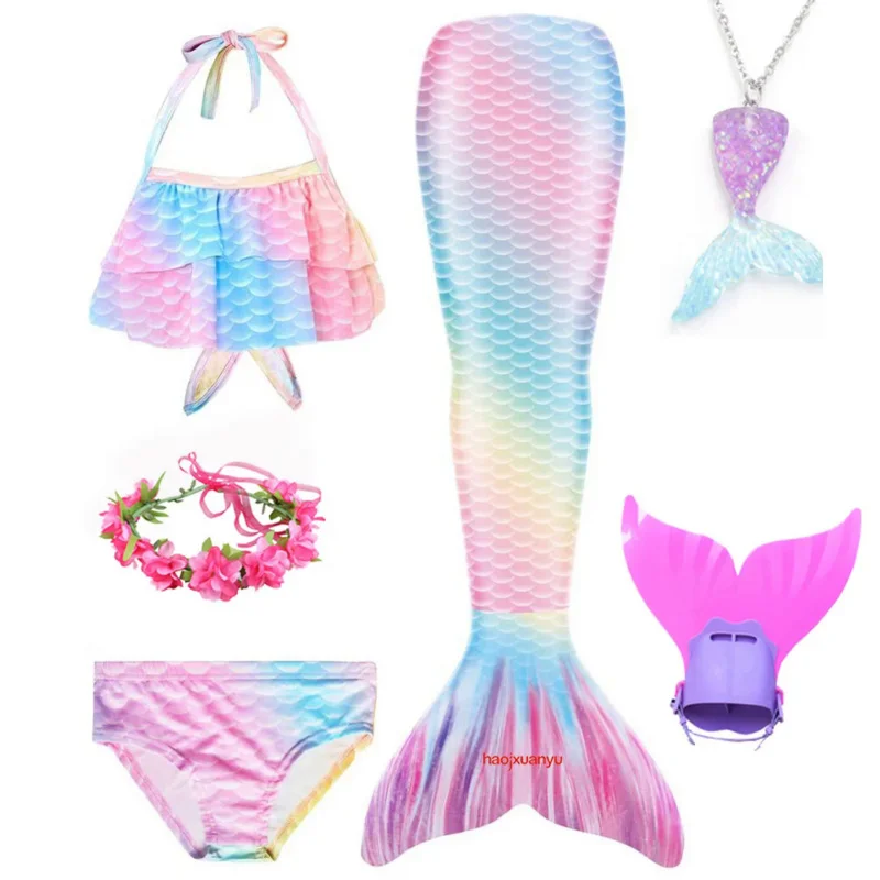 Costume de queue de sirène pour enfants, cosplay d'été pour filles, peut être ajouté, nette pour enfants, fête sur la plage, ensembles de bikini pour Halloween, 3 pièces