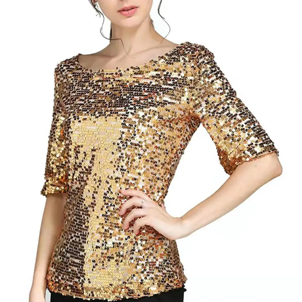 Relaxed Fit Sequin Top Women Sequin Top Stylish Women\'s Sequin Tops Sparkling Mid Sleeve Blouses for Stage Performances Daily