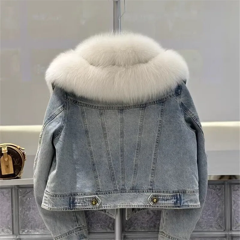 2025 winter New imported denim warm imitation fox fur coat women fashion Long sleeve short jeans fur jacket Female Outwear T784