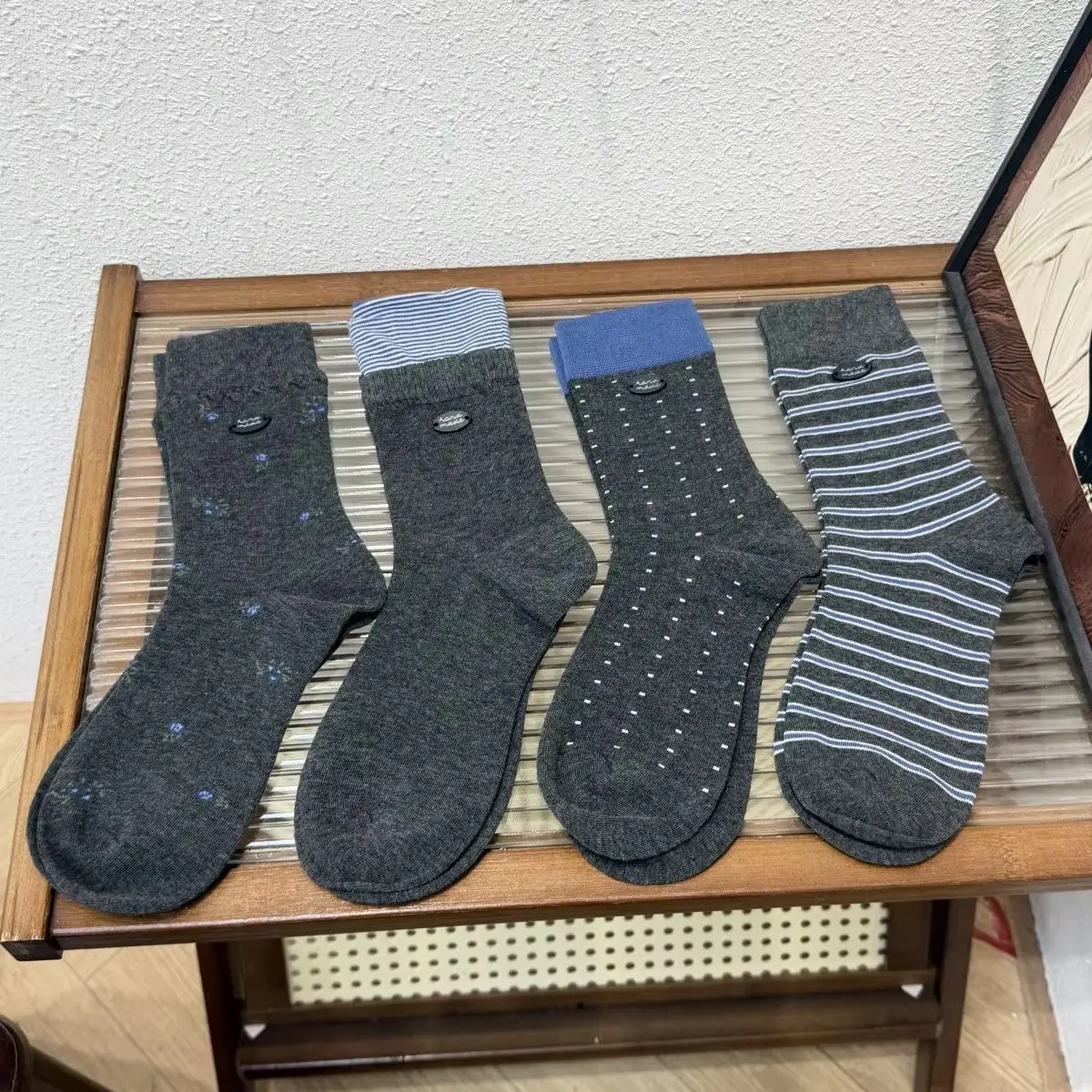 Women 2026 Autumn Winter Mid‑Calf Socks, Dark‑Grey Series Floral Polka‑Dot Stripe Preppy Casual Socks With Button Detail